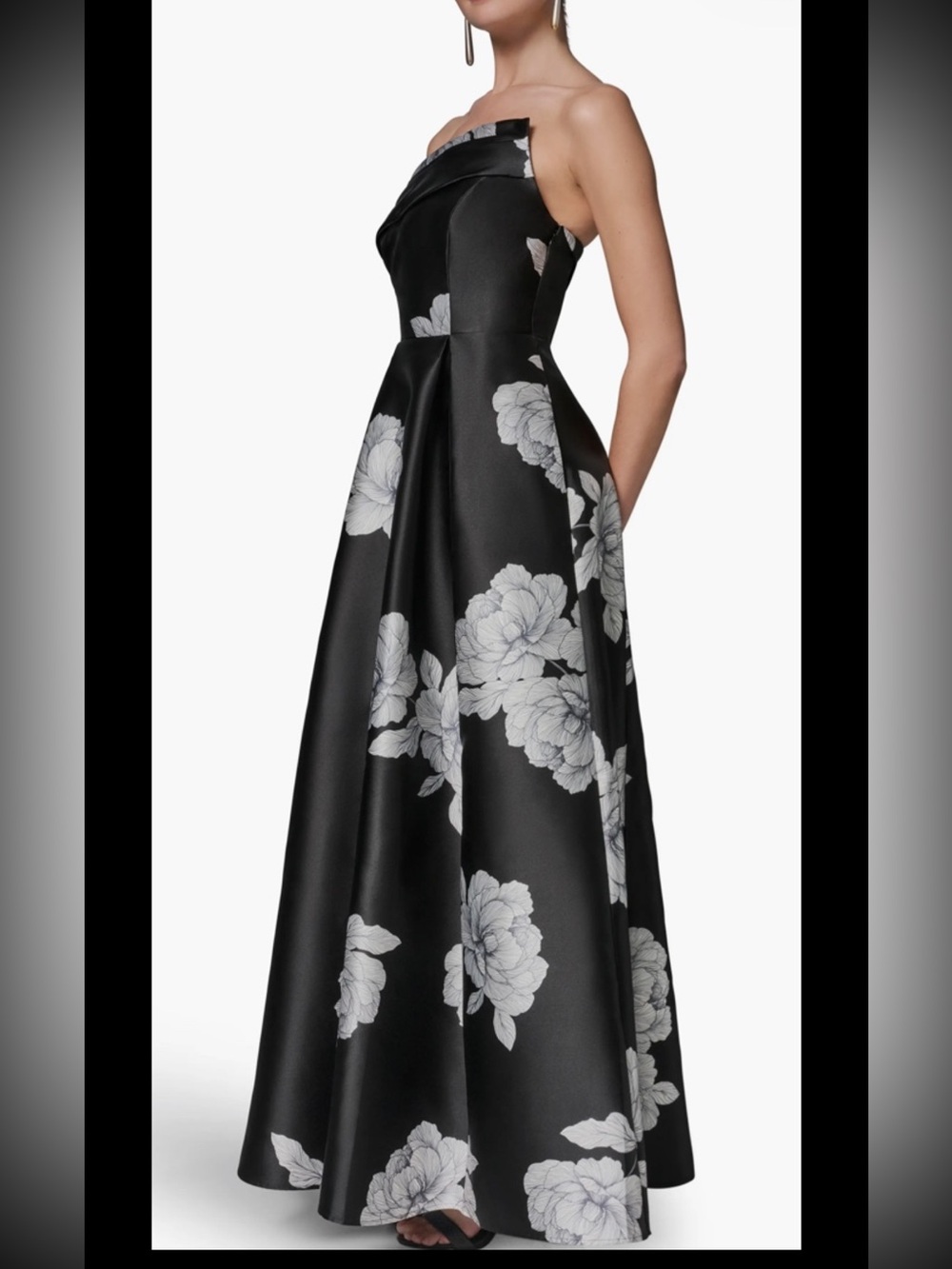 Donna Karan Pleated Bodice,strapless Micado Printed Gown,new Without Tag,sz 6